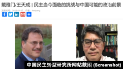 《中国民主季刊》主编王天成专访斯坦福大学教授戴雅门(Larry Diamond)。(中国民主转型研究所网站截图)