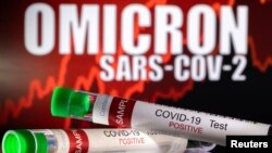 资料照:奥密克戎的字样前摆放着“新冠测试阳性”的试管图像 (2021年12月11日)