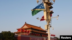 资料照:所罗门群岛与中国国旗在天安门广场飘扬。(2019年10月7日)