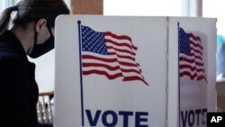 资料照:一位美国选民11月3号投票日在佐治亚州亚特兰大市一间投票站投票。