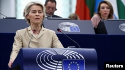 欧盟委员会主席冯德莱恩在位于法国斯特拉斯堡的欧洲议会发表讲话。(2024年10月9日)