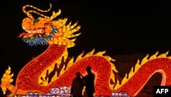 武汉一个公园里展示的龙灯。(2021年2月12日)