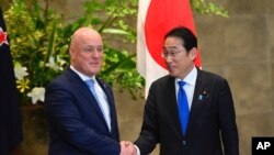 2024年6月19日(星期三),新西兰总理克里斯托弗·卢克森(左)和日本首相岸田文雄在东京岸田办公室举行双边会谈前握手。