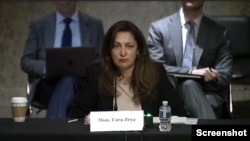 国务院负责民事安全、民主和人权事务的副国务卿泽雅(Uzra Zeya)2022年6月15日出席美国国会暨行政当局中国委员会(CECC)听证会。(听证会视频截图)