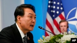 韩国总统尹锡悦在马德里北约峰会上发表讲话。(2022年6月29日)