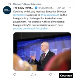 “洛伊国际政策研究所”常务理事迈克尔·弗尔勒沃博士推文。(网页截屏,2022年6月24日)