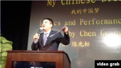 图为陈光标在纽约演讲(视频截图)