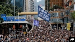 抗议者们手持旗帜在香港游行,要求香港独立。(2019年7月7日)