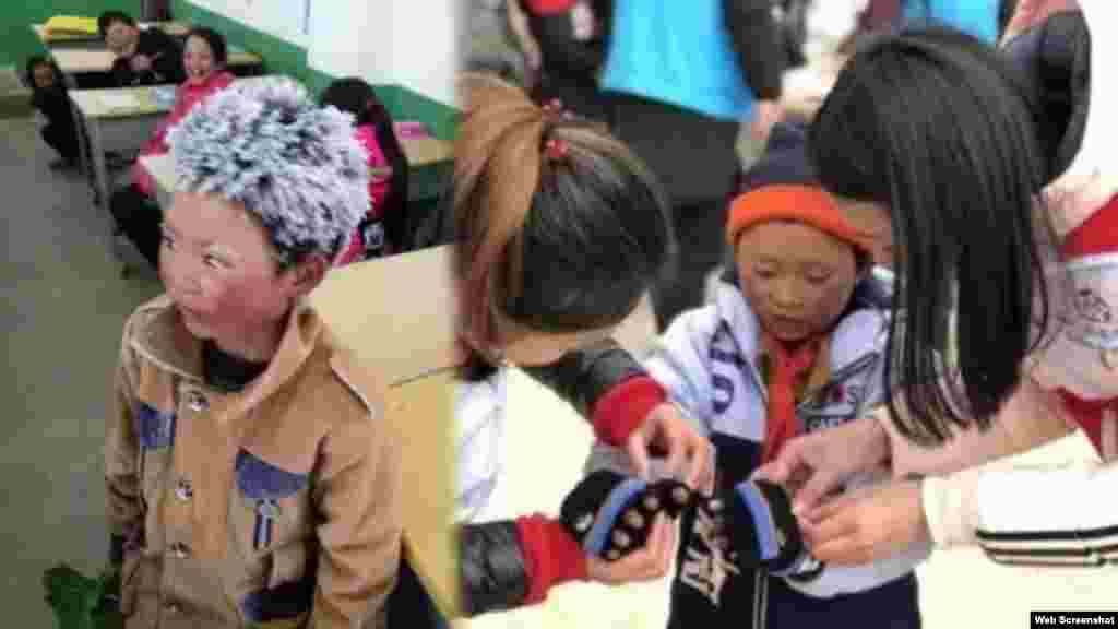 云南山区鲁甸的8岁“冰花男孩”王福满。王福满身穿单薄的衣服攀爬山路走到学校,头发上结满了白白的冰花(微博图片)。这张照片流传很广。