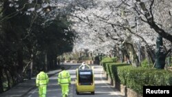 保安人员跟随一辆5G自动汽车在关闭的武汉大学内拍摄盛开的樱花。(2020年3月17日)