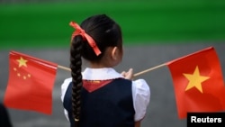 资料照:在河内举行的一个欢迎仪式上,一位越南小姑娘手持中越两国国旗。(2017年11月12日)