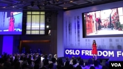 李香梅演讲时介绍新疆人权情况 (美国之音/许宁)