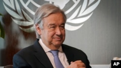 联合国秘书长古特雷斯(Antonio Guterres)2020年10月21日在纽约联合国总部接受采访。