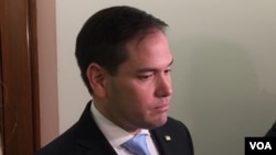 2018年2月15日,美国共和党参议员鲁比奥在外交委员会听证会后,接受媒体采访。(美国之音记者扬之初拍摄)