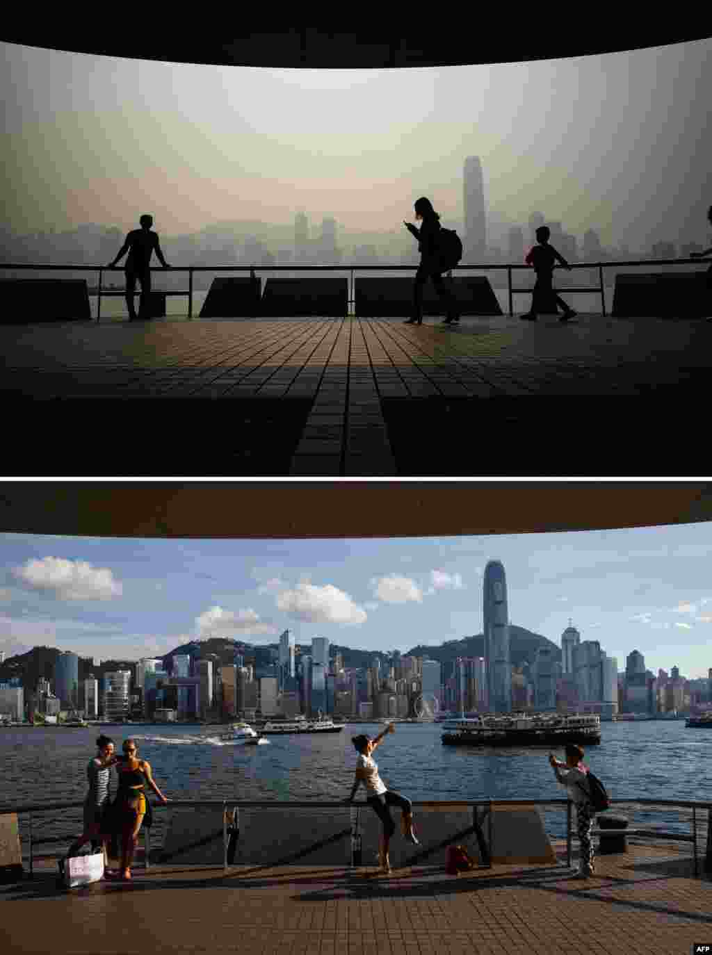 上图:游客在香港九龙维多利亚港海滨长廊游览,雾霾弥漫香港岛,居民被要求留在室内。(2018年1月22日)。下图: 2016年6月24日,游客在维多利亚港前拍照,蓝天白云下,香港天际线清晰。