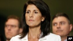 美国驻联合国大使妮基·黑利在纽约联合国总部的记者会上。(2017年3月27日)