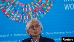 国际货币基金组织总裁拉加德2018年10月11日在印尼巴厘岛见记者(路透社)