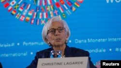 国际货币基金组织总裁拉加德在印度尼西亚巴厘岛该组织与世界银行的年度会议上讲话。(2018年10月11日)