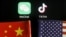 美中国旗与TikTok和WeChat的应用程序