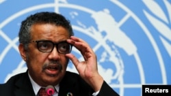 世卫组织总干事谭德塞在瑞士日内瓦出席联合国记者会。(2018年2月7日)