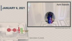 资料照片:众议院弹劾经理人2021年2月10日展示的证据照片显示,阿什丽·巴比特1月6日在被开枪打死前走在国会大厦内。(图片由美国参议院发布。)