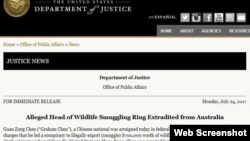 美国司法部关于将一名被控为走私野生动物走私团伙头目的中国公民从澳大利亚引渡至美国的新闻稿。(网页截图)