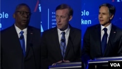 美国国防部长奥斯汀（左）、国家安全部问沙利文（中）和美国国务卿布林肯（右）2021年7月13日在华盛顿出席全球技术峰会