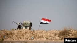 费卢杰城的伊拉克军车和国旗。伊拉克军队为从伊斯兰国极端分子手中夺回这个城市而展开的攻势进入了第三个星期。(2016年6月13日)