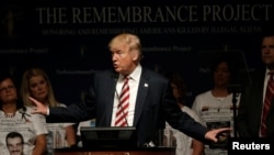 Republican presidential nominee Donald Trump speaks at a campaign event with members of the Remembrance Project, a group formed to honor and remember Americans killed by illegal aliens, in Houston, Texas, September 17, 2016.