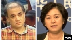 庭审过程中面容憔悴的伊力哈木(左);华春莹(右)警告外国不要干涉中国司法公正(美国之音东方拍摄)