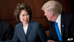 资料照片:美国运输部长赵小兰与总统特朗普参加 美国运输部的一次圆桌讨论会。(2017年6月9日)