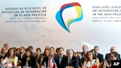 智利外长穆尼奥斯(右三)3月15日在亚太一体化倡议会议上讲话
