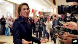 卡莉·费奥里娜与当选总统川普会面后在川普大厦的大堂与媒体谈话。(2016年12月12日)