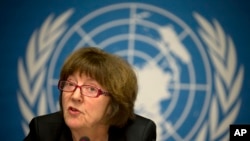 2014年2月5日,联合国儿童权利委员会主席基尔斯滕•桑德伯格在联合国日内瓦总部举行的记者会上讲话。