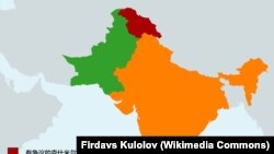 印度，巴基斯坦及有争议的克什米尔地理位置示意图