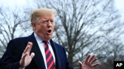 特朗普总统2019年1月19日在白宫前对记者讲话(美联社)