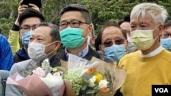 香港和平占中三名发起人朱耀明(右起)、陈健民及戴耀廷。(摄影:美国之音 汤惠芸)