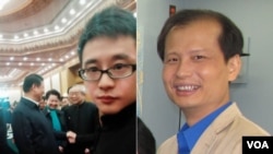 左边:周小平在人大会堂自拍照(网络照片),右边:2012年方舟子做客美国之音