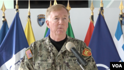 北约盟军联合作战司令部司令、美国海军欧洲-非洲战区司令弗格海军上将(James G. Foggo)2019年11月19日在科索沃发表讲话。