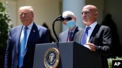 图为葛兰素史克前高管蒙塞夫·斯拉维在白宫玫瑰园讲话。(2020年5月15日)