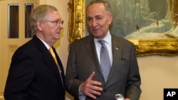 2016年4月13日,当时的国会参议院多数党领袖米奇·麦康奈尔和时任参议院少数党领袖的查克·舒默在国会大厦内交谈。