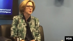 美国国家情报委员会战略未来小组的主任弗莱博士在报告会上(2017年2月7日,美国之音莉雅拍摄)