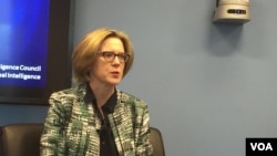 美国国家情报委员会战略未来小组的主任弗莱博士在报告会上(2017年2月7日,美国之音莉雅拍摄)