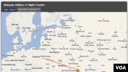7月17日,马来西亚MH17号航班从阿姆斯特丹起飞后的路线图。