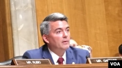 美国参议院外交委员会东亚、太平洋及国际网络政策小组委员会主席科里·加德纳参议员在听证会上(资料图,美国之音张佩芝拍摄)