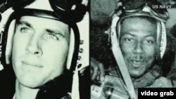 长津湖之战时任海军中尉飞行员的哈德纳(左)与他的僚机飞行员布朗少尉