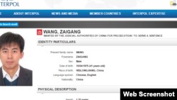 中国政府通过国际刑警组织通缉王再刚(网络截图)