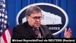Jaksa Agung AS William Barr dalam konferensi pers di Departemen Kehakiman AS, Washington, D.C, 21 Desember 2020.