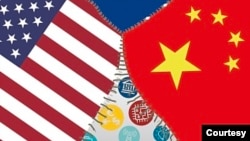 资料照：美中两国国旗之间的线被拆开的示意图。