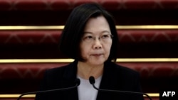 台湾总统蔡英文在台北总统府举行的记者会上讲话。(2020年1月22日)